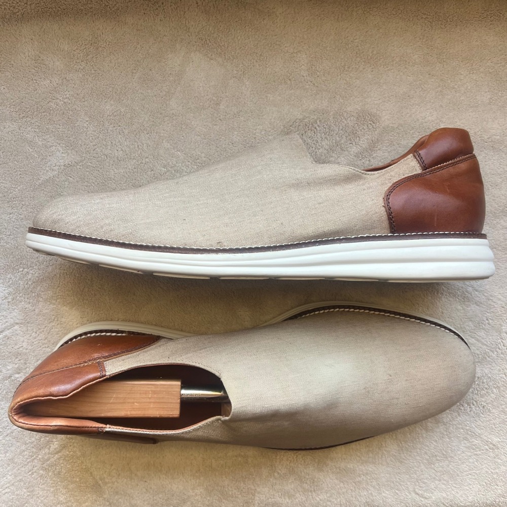 Donald J Pliner Erling-LE Men 14M Tan Canvas/Linen Cognac Leather Slip On Loafer
